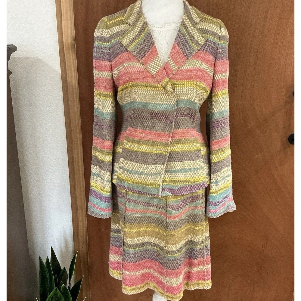 Akris Linen Blend Pastel Stripe 2 pc Suit Jacket Skirt Classic Chic Swiss Artsy - Picture 4 of 16